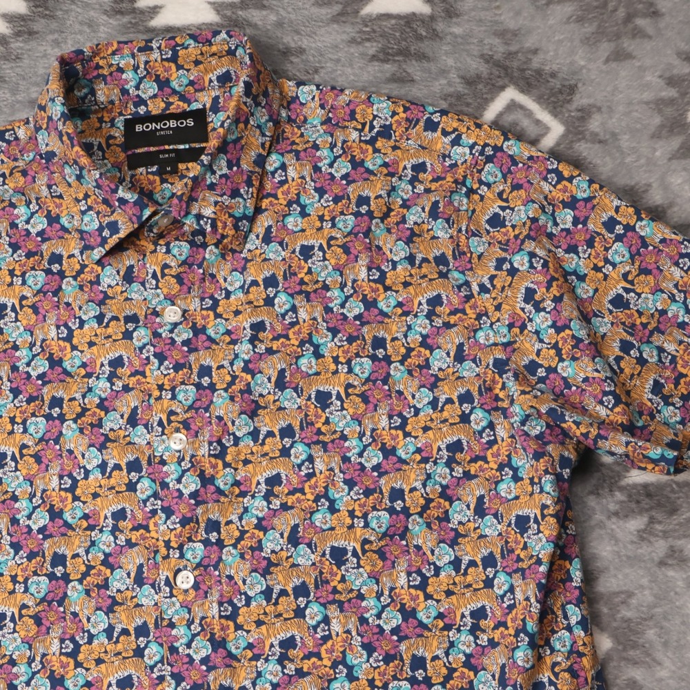 Bonobos Mens Tiger Floral Print Stretch Slim Fit Short Sleeve Shirt BSH01757S M